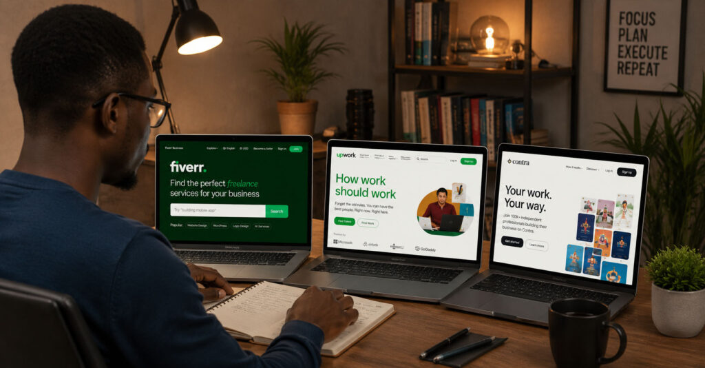 African freelancer comparing Fiverr Upwork and Contra platforms in 2026
