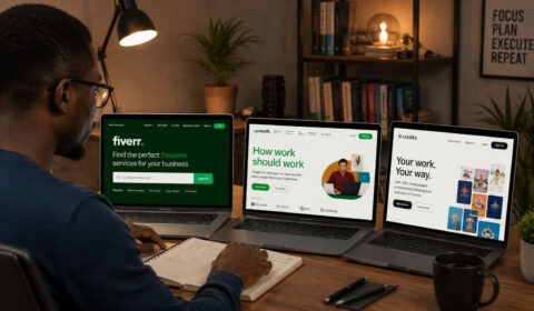 African freelancer comparing Fiverr Upwork and Contra platforms in 2026