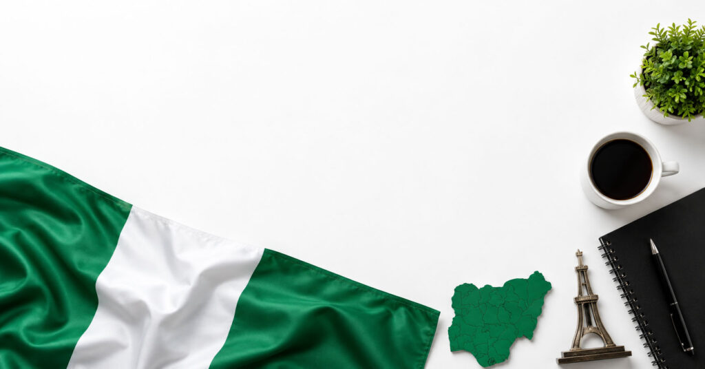 Minimalist office scene with Nigerian flag