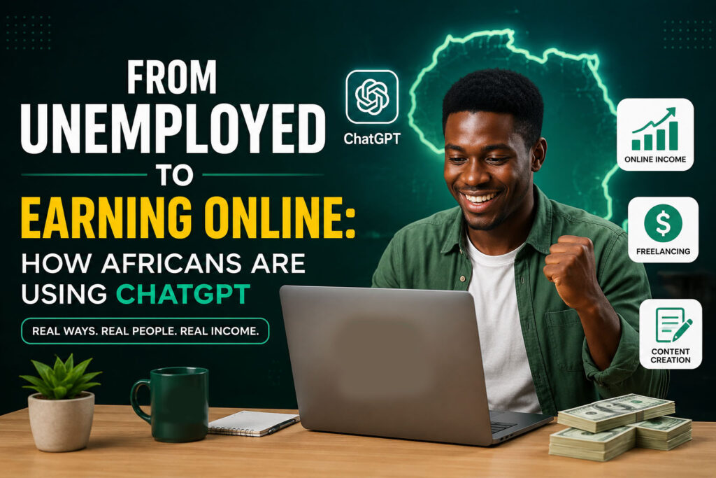 Young African freelancer using ChatGPT to make money online from home