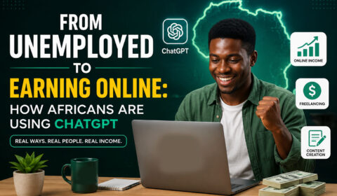 Young African freelancer using ChatGPT to make money online from home