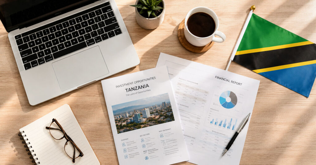Top view flat lay of a clean professional desk with a laptop, printed business documents, pen, notebook, coffee cup, and Tanzanian flag arranged neatly on a wooden surface, illuminated by bright natural light with soft shadows and warm neutral tones.
