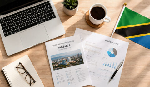 Top view flat lay of a clean professional desk with a laptop, printed business documents, pen, notebook, coffee cup, and Tanzanian flag arranged neatly on a wooden surface, illuminated by bright natural light with soft shadows and warm neutral tones.