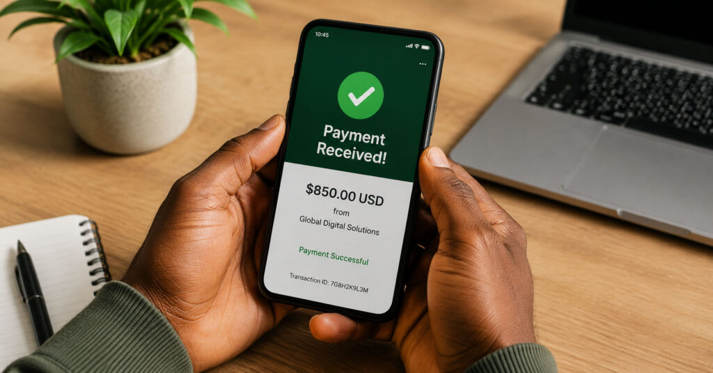 Close up of African hands holding a smartphone showing a successful international payment notification