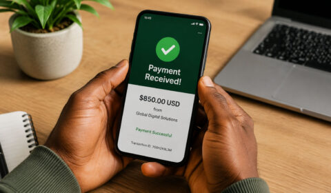 Close up of African hands holding a smartphone showing a successful international payment notification