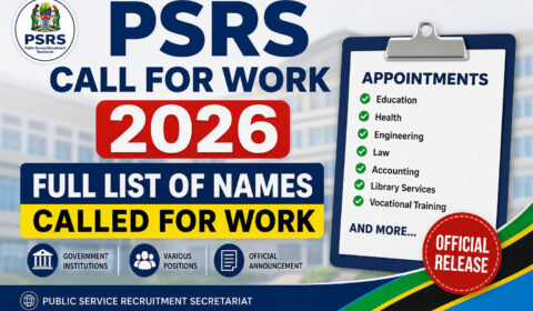 PSRS Call For Work 2026 featured image showing official government appointments announcement with full list of names called for work in Tanzania across education, health, engineering, law, accounting, and vocational training sectors.