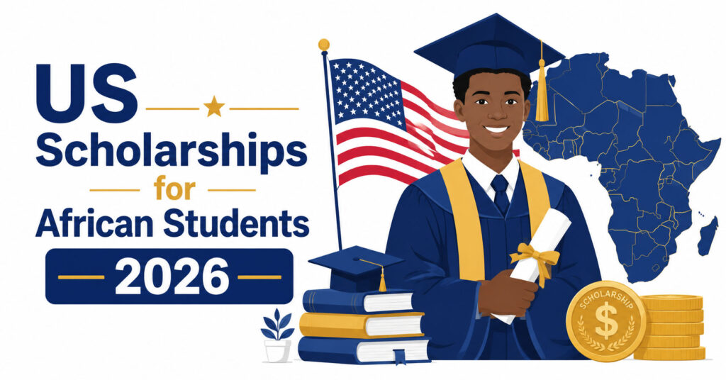 African graduate holding diploma with US flag, Africa map, books, and scholarship coins on a clean white background. Bold blue and gold text: โUS Scholarships for African Students 2026.