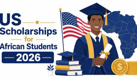 African graduate holding diploma with US flag, Africa map, books, and scholarship coins on a clean white background. Bold blue and gold text: “US Scholarships for African Students 2026.